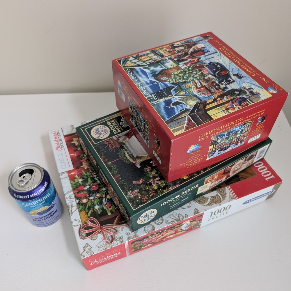 BUNDLE 3 Christmas Holiday Jigsaw Puzzle 1000 PC Fireside Dog Cat London Streets - Picture 15 of 15